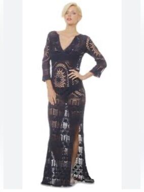 Lisa Maree Revolve Black Crochet Maxi Swim Coverup with V-Neck and Side Slit